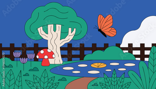 A cartoon scene with a tree and a butterfly