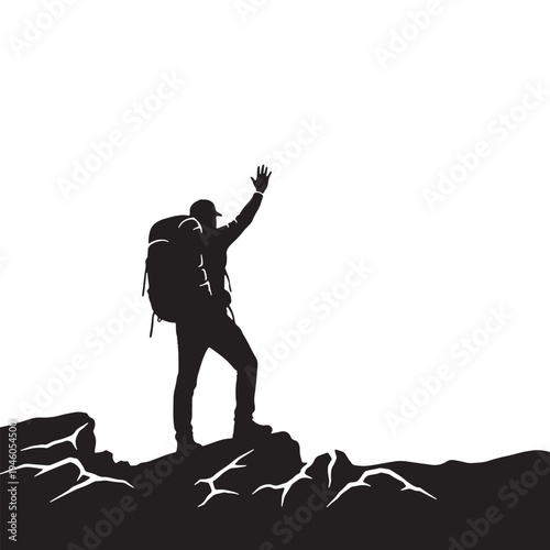 A triumphant hiker standing on a rocky mountain peak in silhouette