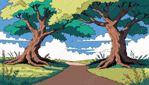 Vibrant cartoon landscape of Mystical stone pathway ascending through an enchanted forest glade Vector