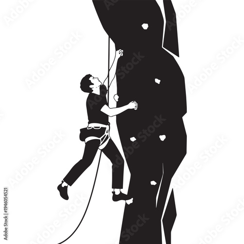 A person climbing a rock wall in silhouette mode with a rope