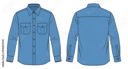 Denim Shirt Front and Back View Fashion Illustration.