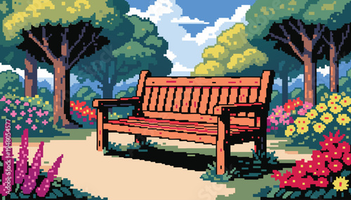 A wooden bench sitting on a path in a park