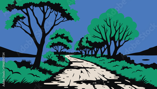 Vibrant cartoon landscape of Serene garden pavilion amidst blooming cherry blossoms and tranquil pond Vector