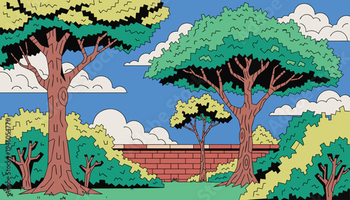 A pixel art landscape with trees and a wooden fence