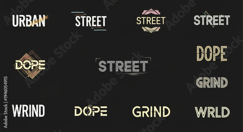 Collection of Urban Streetwear Inspired Word Art Designs on Dark Background.