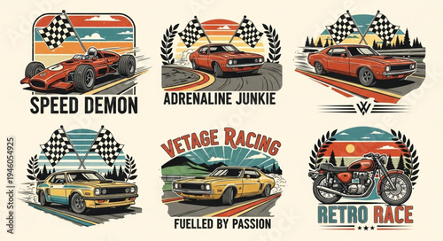 Vintage Racing Car Designs with Retro Aesthetic and Bold Typography.