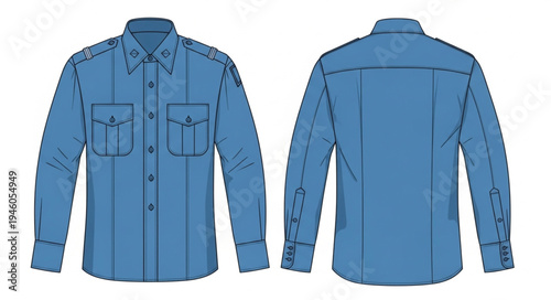 Blue Long-Sleeved Shirt with Pockets Front and Back View.