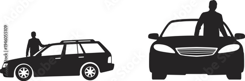 Businessman with car silhouette set, driver standing near automobile, luxury vehicle concept, transportation lifestyle illustration isolated on white