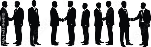 Businessmen shaking hands silhouette set, corporate partnership agreement and professional greeting concept, business deal illustration isolated