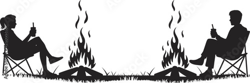 Camping couple silhouettes sitting by campfire, man and woman relaxing with drink, outdoor adventure night, campsite fire scene illustration