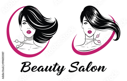 Beauty salon logo templates with glamorous woman, flowing hair and professional scissors vector illustration