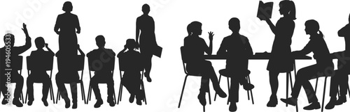 Classroom teacher and students silhouettes, school learning scene with teacher explaining lesson, education training discussion concept illustration