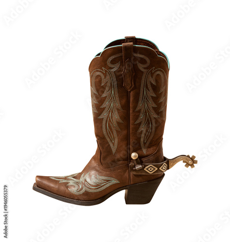 Brown Cowboy Boot with Metal Spur Isolated PNG