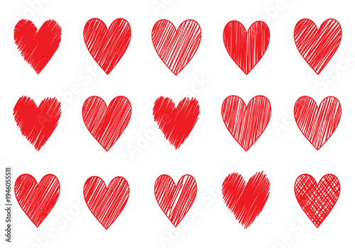 Set of 15 red hand-drawn scribble heart icons. Vector hatched love symbols isolated on white background for Valentine