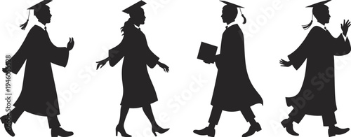 Graduation student silhouettes walking in cap and gown, academic success celebration, university graduates procession, education achievement concept illustration isolated