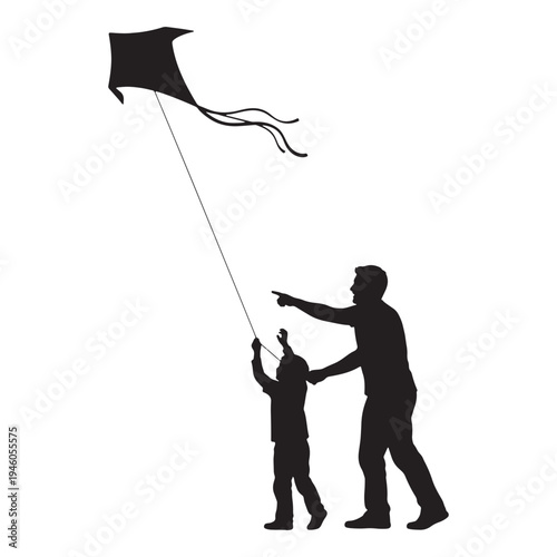 A silhouette of a man and a child flying a kite together in a peaceful outdoor setting silhouette