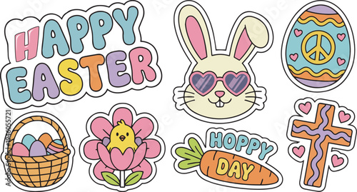 Cute pastel Happy Easter sticker pack vector illustration with bunny and eggs