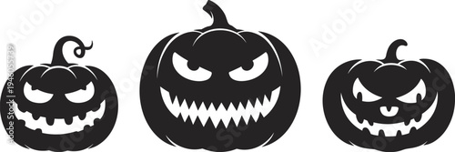 Halloween pumpkin silhouettes with scary faces, jack o lantern set, spooky horror holiday design, creepy carved pumpkin illustration