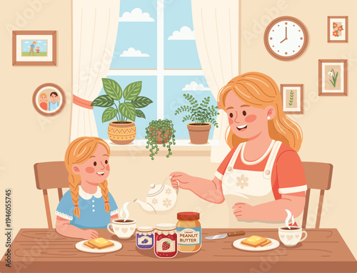 Happy mother and daughter having breakfast together in cozy kitchen, pouring tea and eating toast with peanut butter and jam vector illustration