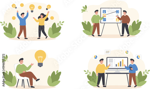 Business professionals celebrating creative ideas with light bulbs and analyzing financial charts on whiteboard and computer for success concept flat vector
