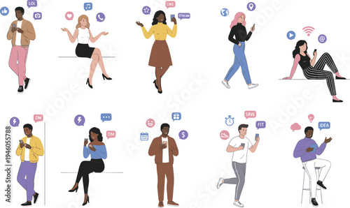 Collection of diverse young people using smartphones for social media engagement chatting and digital networking with app icons flat vector