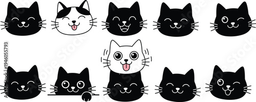 Collection of cute black and white cat faces with various happy emotions and funny expressions for pet lovers and kitten concept flat vector