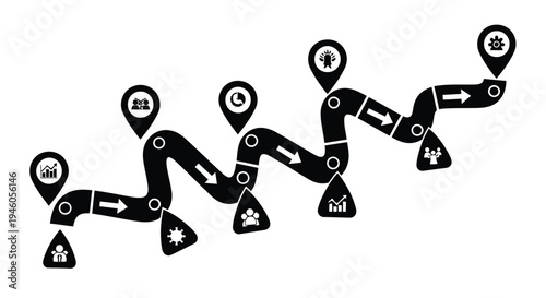 Black and white illustration of a winding path with location pin icons