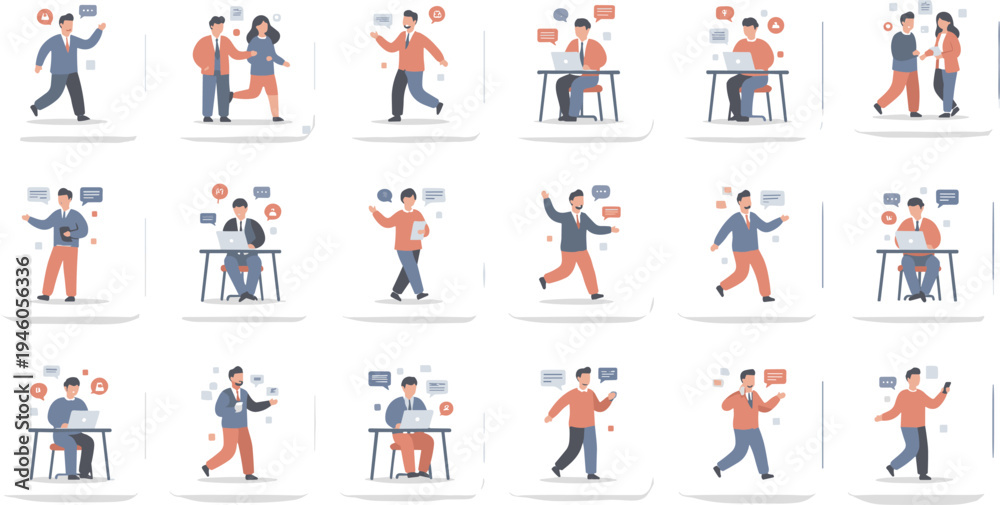 Fototapeta premium Diverse young people characters set working on laptops reading books drinking coffee and shopping for modern lifestyle and freelance work concept flat vector,