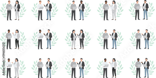 Diverse business professionals collaborating with laptops and discussing projects for modern office teamwork and corporate communication concept flat vector