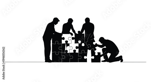 Silhouettes of people collaboratively assembling a large jigsaw puzzle high quality