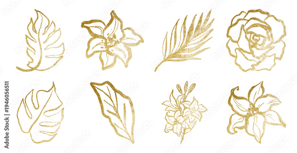 Fototapeta premium PNG Elegant golden leaf illustrations element set on transparent background