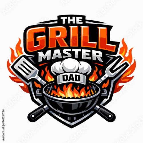 Fiery grill master dad emblem with barbecue flames, chef hat, and utensils, honoring backyard cooking, summer gatherings, flavor mastery, and fatherly pride