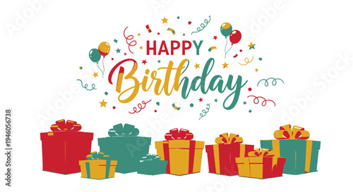 Set of 9 colorful birthday gifts and 'Happy Birthday' text vector