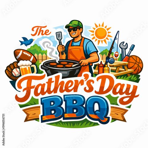 Joyful Fathers Day BBQ illustration with dad grilling outdoors, sports gear and sunshine, celebrating family bonding, summer fun, delicious food, and festive appreciation