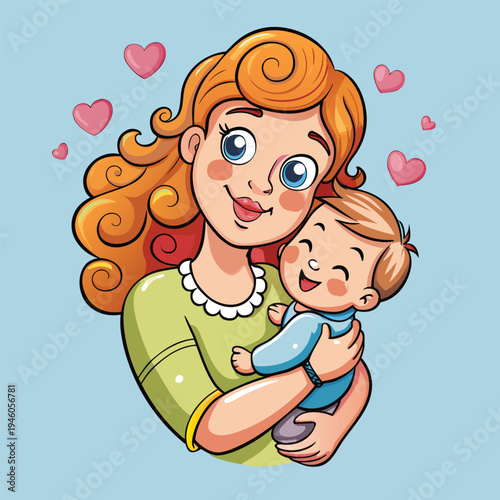 Mom Cuddling Baby Cute Motherhood Cartoon Vector Illustration