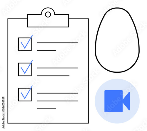 Task management, video communication, content creation, organization, productivity tools, digital workflows. Clipboard with checklist, simple geometric shapes and a video icon. Task management