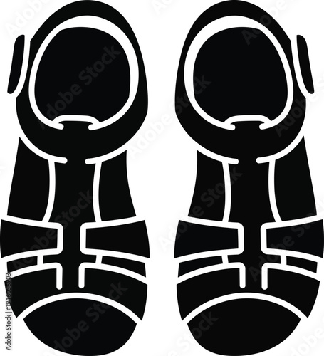 A minimalist black and white silhouette icon of a pair of summer sandals for men or women