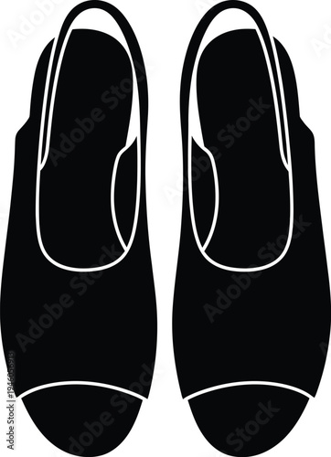 Pair of black flat shoes seen from a top down perspective with a rounded toe cap