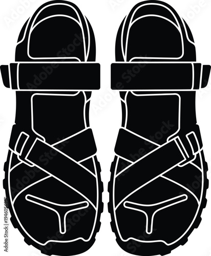 Black and white silhouette icon of a pair of outdoor sports sandals with adjustable straps