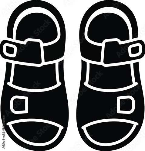 Black and white icon of a pair of comfortable summer sandals with adjustable straps