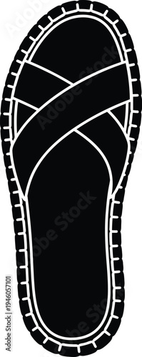 Black and white silhouette of a summer sandal with cross straps viewed from above