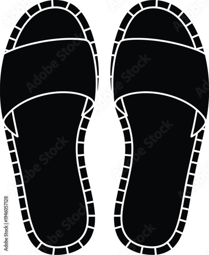 Black silhouette icon of a pair of summer slide sandals viewed from a top-down perspective