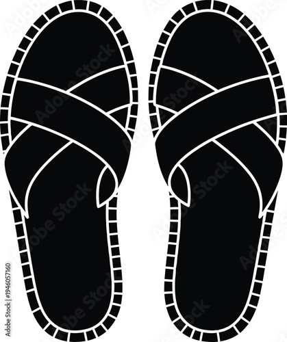 Black and white silhouette of a pair of casual cross strap summer sandals for beach and home.