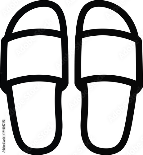 A simple black line art icon representing a pair of comfortable summer slide sandals for casual wear.