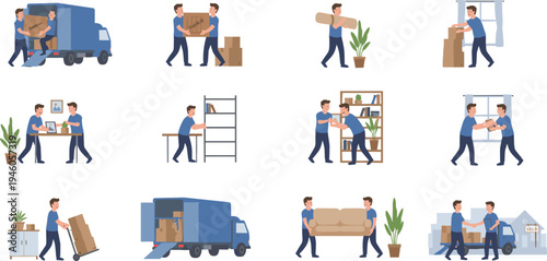 Professional movers carrying furniture and cardboard boxes for home relocation service and delivery logistics concept flat vector