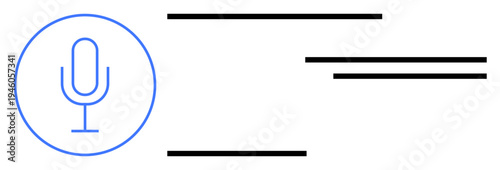 Voice technology, audio recording, virtual assistants, speech recognition, soundwave analysis, digital communication. Microphone icon with parallel design lines. Voice technology and audio recording