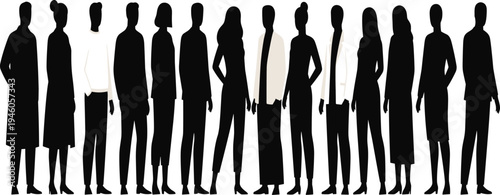 Large group of diverse people silhouettes standing in a row including men and women for community inclusion and professional team concept flat vector,