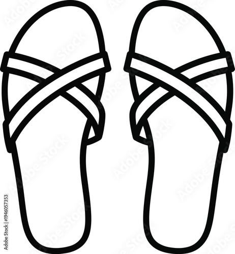 A pair of simple summer sandals with crisscross straps shown in a minimalist line art style.