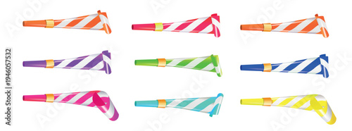 Color Party Blower Whistles Set of Celebration Happy Party. Realistic Detailed 3d. Vector