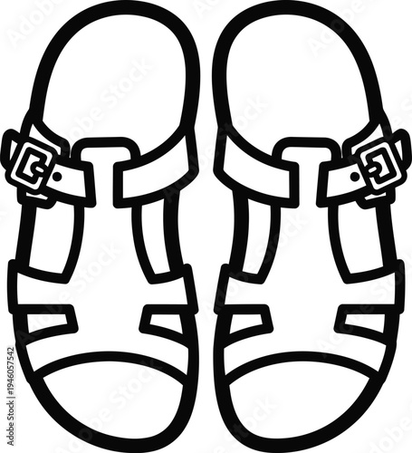 Simple black and white line art illustration of a pair of casual summer sandals with buckles
